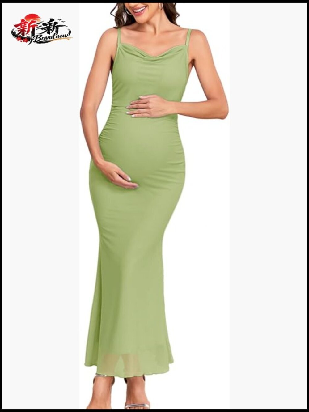 Maternity Cowl Neck Mesh Mermaid Dress Ruched Bodycon Spaghetti Strap